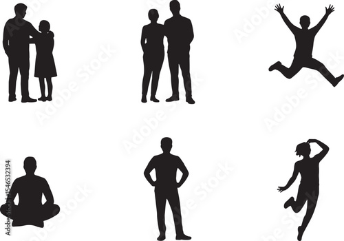 Six Black Silhouettes People Poses Set Couple Standing Jumping Yoga Man Woman vector