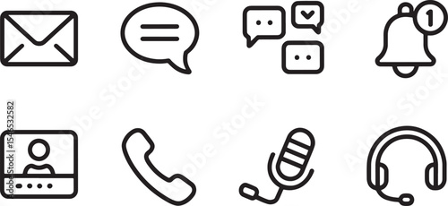 Eight Black Line Art Digital Communication Icons Set Envelope Speech Bubble Chat Bell Video Call Phone