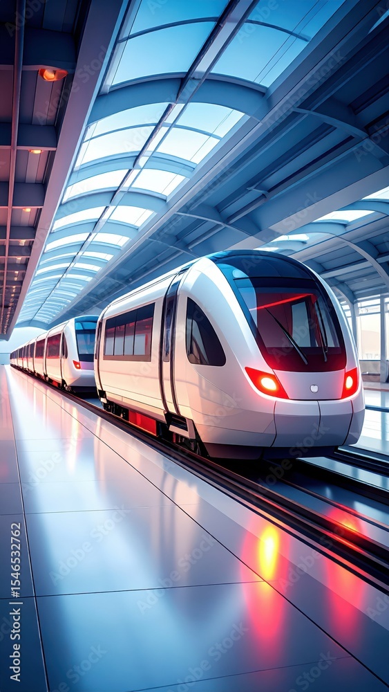 Deserted Hovertrain Depot with Modern Maglev Cars and Strobe Lights Deserted Hovertrain Depot with Modern Maglev Cars and Strobe Lights