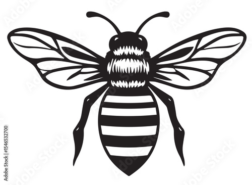 A detailed black and white vector illustration of a bee with striped abdomen and transparent wings, symbolizing pollination and nature.