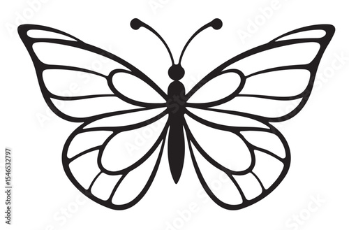 A black outline vector illustration of a butterfly with detailed wings and antennae.