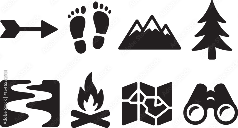 Fototapeta premium Eight Black Silhouette Hiking Trail Icons Set Arrow Footprints Mountains Tree River Fire Map Binoculars