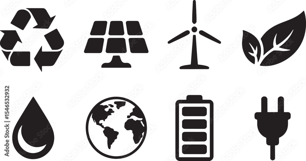 Naklejka premium Eight Black Silhouette Eco Friendly Icons Set Recycling Solar Panel Wind Turbine Leaves Water Drop Earth