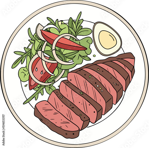 Realistic red meat grill and salad vector image on the plate