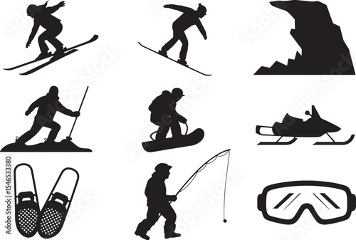 Eight Black Silhouettes Extreme Winter Sports Snow Skiing Snowboarding Snowmobile Fishing Snowshoes Goggles