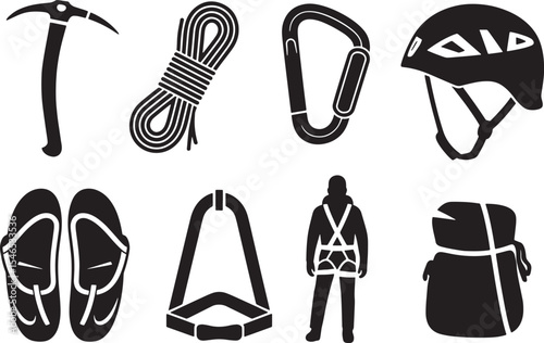 Eight Black Silhouettes of Mountain Climbing Equipment and Gear Climber Harness Ice Axe Rope Carabiners Helmet