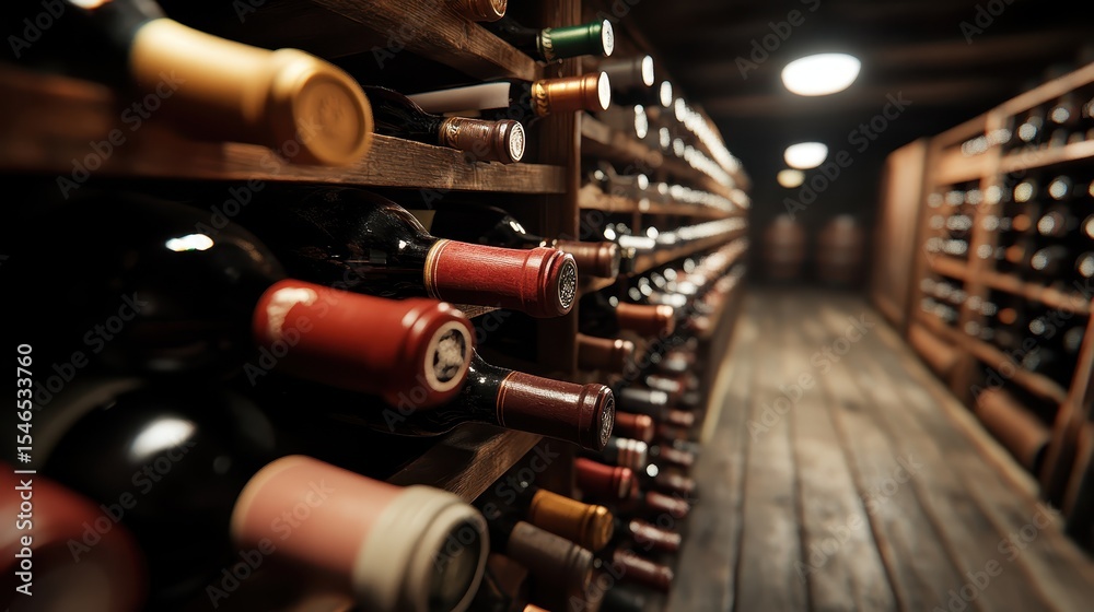 Obraz premium A captivating view of assorted wine bottles neatly arranged on wooden shelves in a rustic wine cellar, showcasing a rich collection for aficionados and enthusiasts alike.