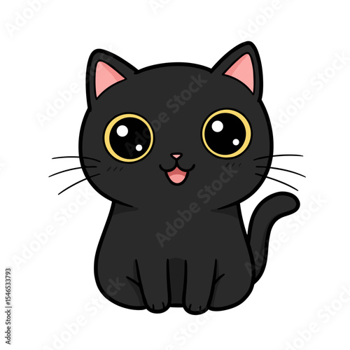 Cute cartoon black cat sitting with big eyes and happy expression  