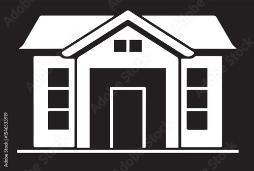 A white vector silhouette of a house with a pitched roof, central door, and windows on a black background.