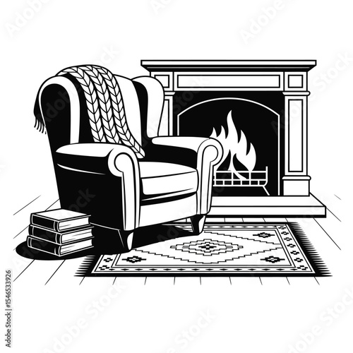 Cozy fireplace scene with blanket chair and rug in black and white vector