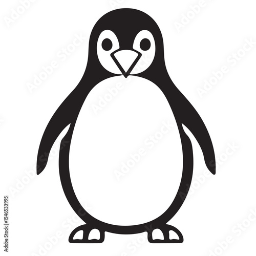A cute black and white vector illustration of a standing penguin with big eyes and a small beak.