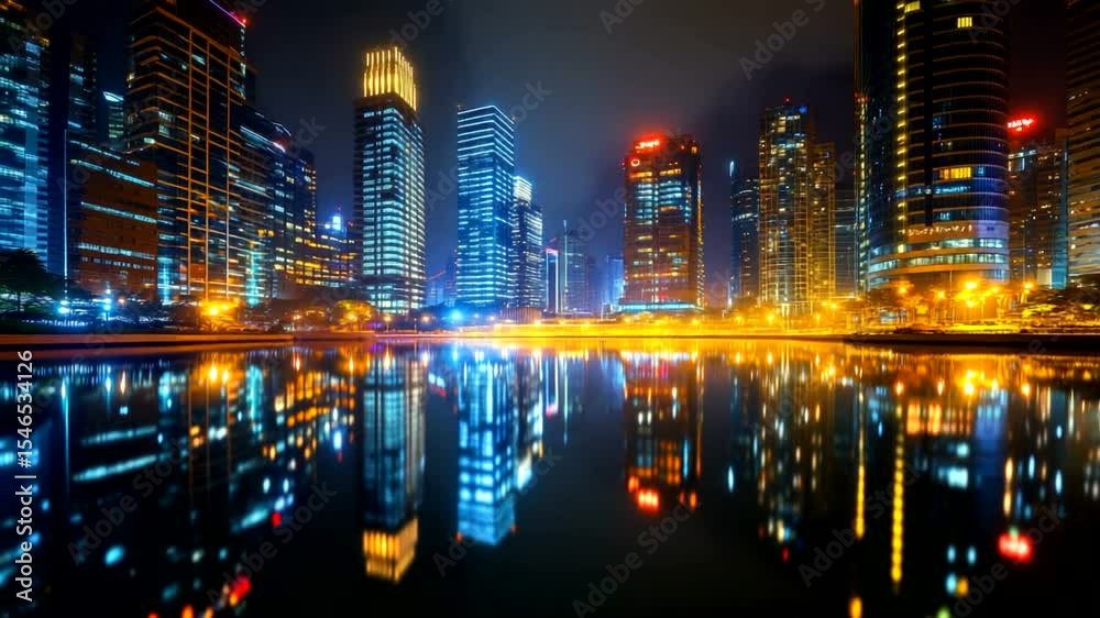 Cityscape at night with reflections on water Cityscape at night with reflections on water