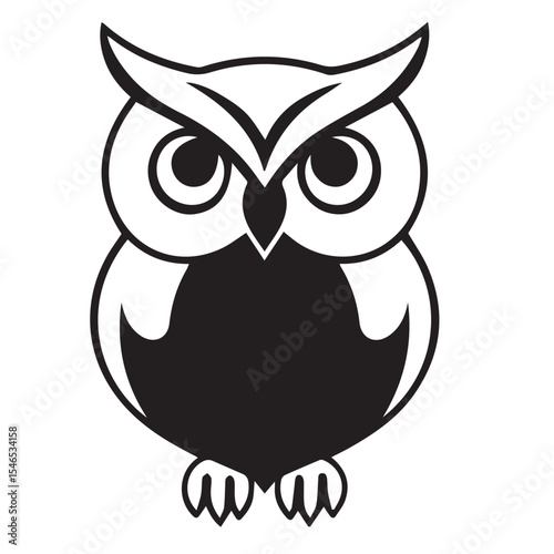 A black and white vector illustration of a frontal view of an owl with large eyes and prominent ear tufts.
