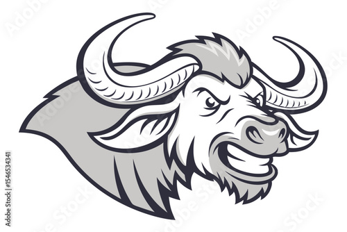 Grinning buffalo head shows powerful horns and menacing expression in grayscale tones