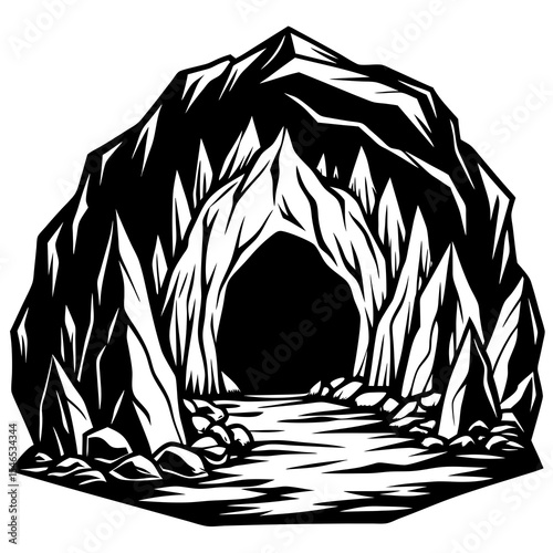 Cave entrance with jagged rocks in a mountain landscape