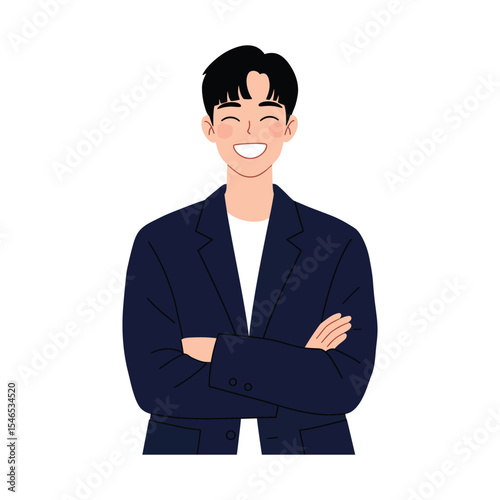 Smiling Confident Businessman Illustration – Happy Man in Suit with Arms Crossed