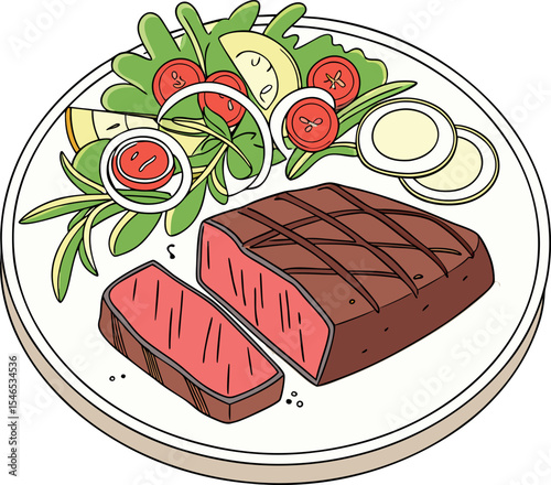 Realistic red meat grill and salad vector image on the plate