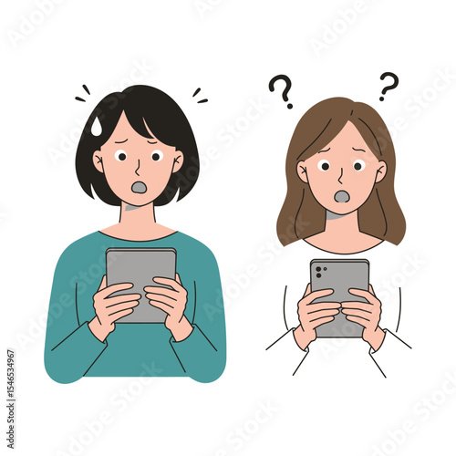 Confused Women Looking at Smartphones – Shocked and Surprised Female Characters with Question Marks