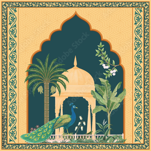 Traditional mughal decorative wedding invitation card. Mughal garden with illustration frame for wedding invitation.