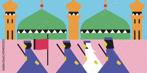 Vibrant Illustration of a Procession Passing by Mosques A Celebration of Culture and Tradition
