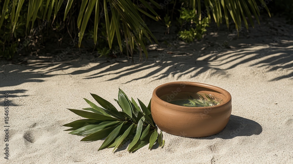 Fototapeta premium Clay Bowl with Water and Tropical Leaves on Sandy Beach