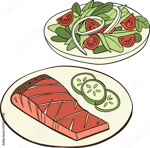 Realistic red meat grill and salad vector image on the plate