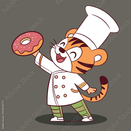 Cute tiger chef holding donut cartoon vector illustration