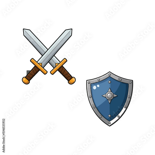Cartoon Sword and Shield Icon – Medieval Weapon and Defense Vector Illustration
