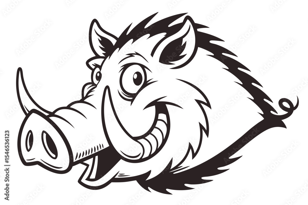 Obraz premium A cartoon boar head in black and white looks ahead with a smile