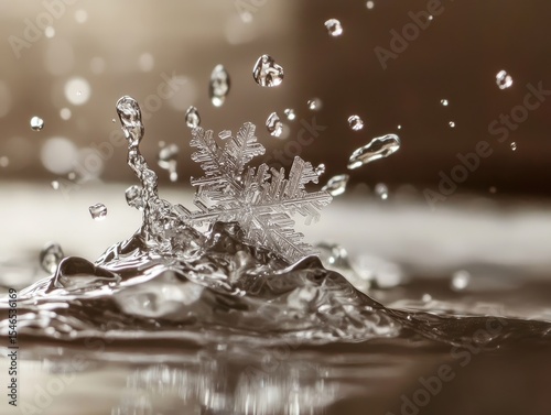 Extreme close-up of snowflake dissolving in water splash midair. AI-generated.
