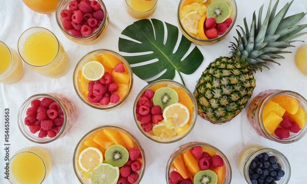 Vibrant and Refreshing Fruit Salad Jars with Tropical Accents on White Backdrop Vibrant and Refreshing Fruit Salad Jars with Tropical Accents on White Backdrop