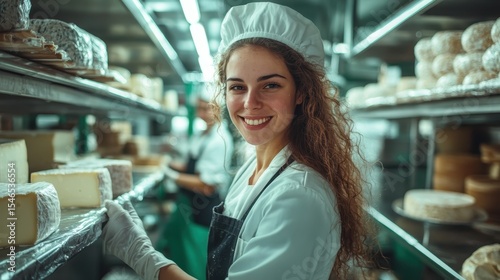 A lively young woman in a cheese shop smiles as she organizes cheese wheels, embodying the joy of artisanal cheesemaking and customer engagement in a vibrant market setting.