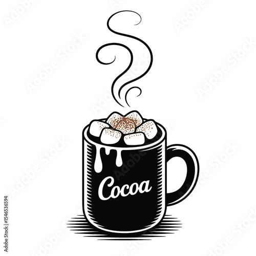 Hot chocolate with marshmallows and cinnamon in black and white vector