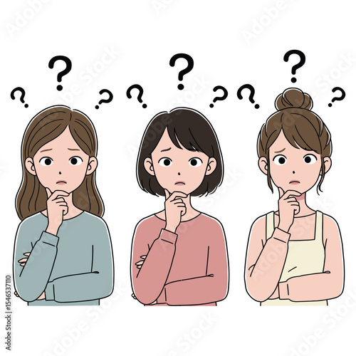 Confused Women Thinking with Question Marks – Decision Making Concept Illustration