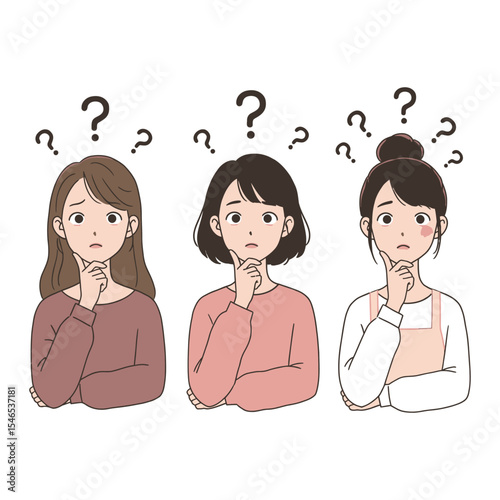 Confused Women Thinking with Question Marks – Decision Making Concept Illustration
