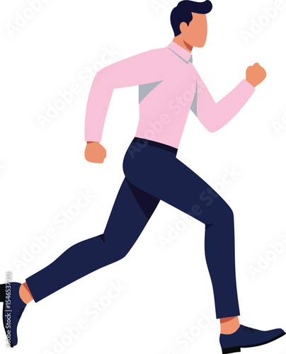 Man running fast in casual clothes with pink shirt and dark pants on white background in dynamic motion 