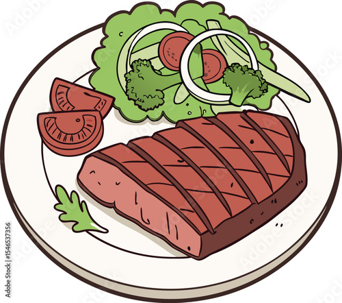 Realistic red meat grill and salad vector image on the plate