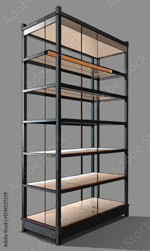 Modern black metal shelving unit with wooden shelves