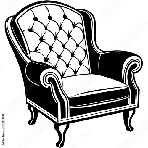 Elegant armchair isolated on white background features tufted upholstery