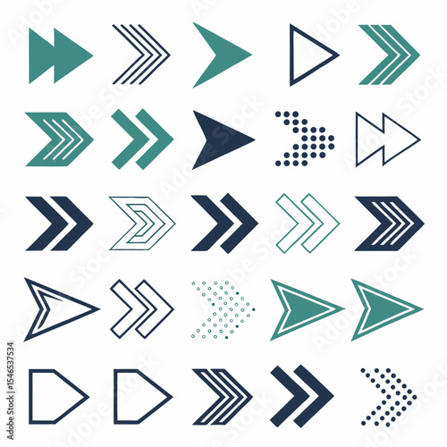 Collection of 18 unique arrow icons in modern flat and outline styles. Directional symbols in black and teal, perfect for web, app, design projects.