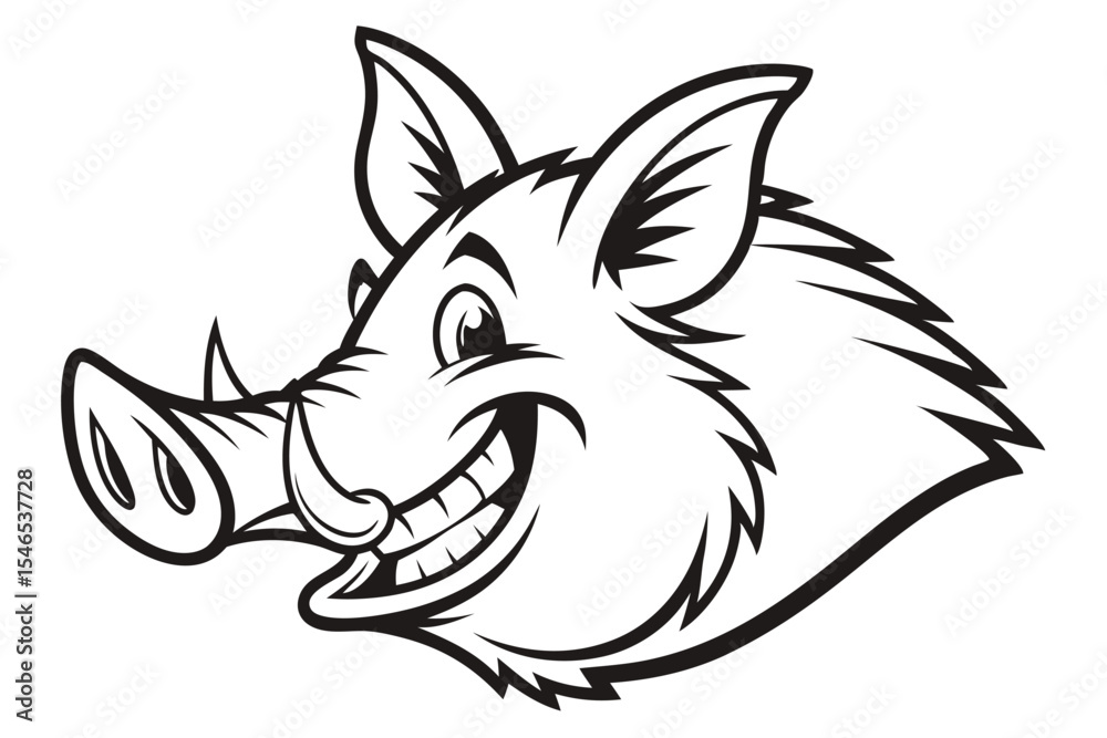 Obraz premium Cartoon wild boar smiles cheerfully with prominent tusks in a striking black and white vector