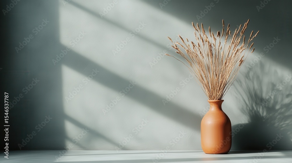 Naklejka premium The image presents a minimalist arrangement of dried flowers in an elegant vase, casting soft shadows and embodying simplicity and natural beauty in home decor.