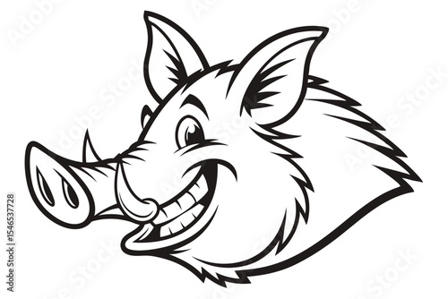 Cartoon wild boar smiles cheerfully with prominent tusks in a striking black and white vector