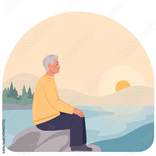 Elderly man meditating at sunrise. Senior practicing mindfulness outdoors. Peaceful meditation for older adult man. Retired man doing yoga at sunrise. Elderly set
