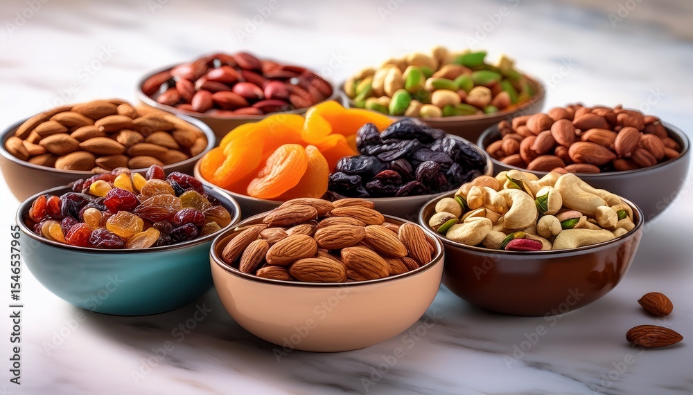variety of bowls filled with colorful trail mix containing nuts dried fruits and seeds perfect for healthy snack enjoy vibrant textures and flavors variety of bowls filled with colorful trail mix containing nuts dried fruits and seeds perfect for healthy snack enjoy vibrant textures and flavors