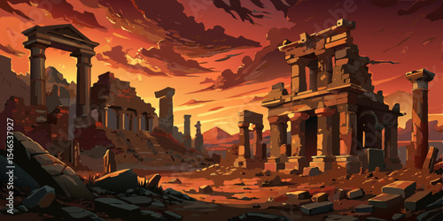 Ancient ruins at sunset dramatic fantasy landscape