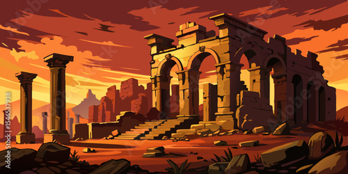 Ancient ruins at sunset dramatic desert landscape