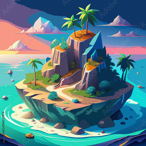 Tropical island paradise with palm trees and rocky cliffs