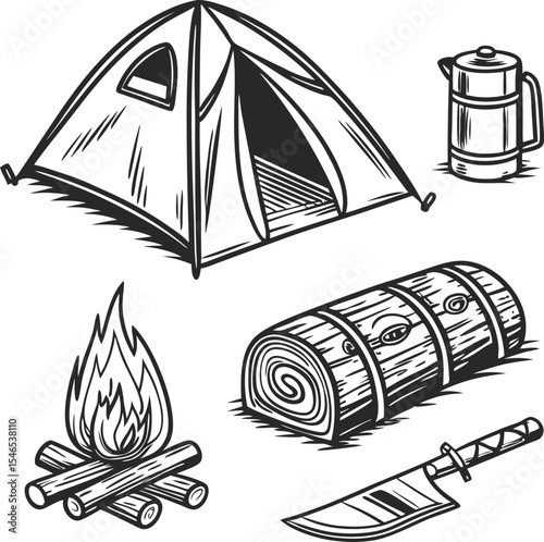 Vintage camping equipment illustration with tent campfire sleeping bag knife and kettle