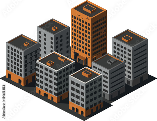 Cluster of modern isometric office buildings with dark gray and orange colors in urban design cityscape 